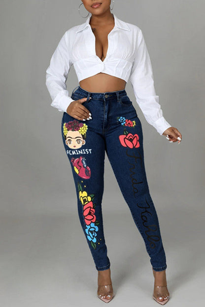 lovwvol  - Light Blue Fashion Casual Print Patchwork Mid Waist Skinny Denim Jeans