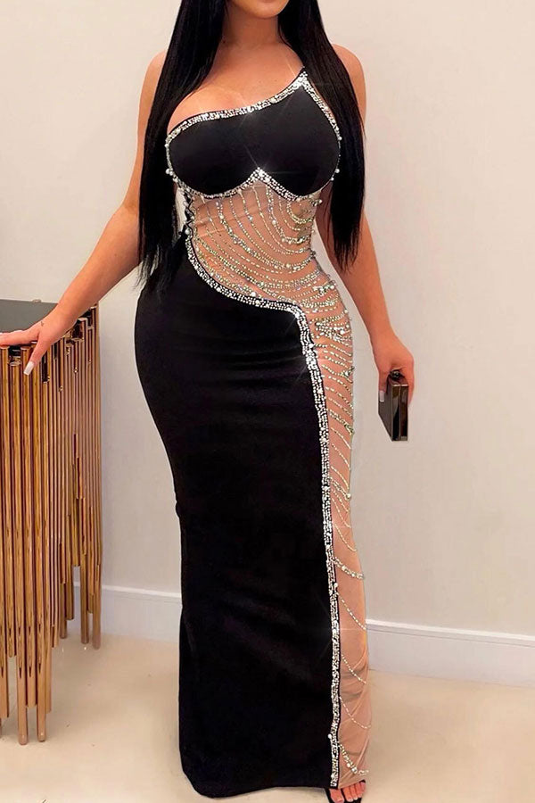 Rhinestone Trim Rocking Mesh Patchwork Maxi Dress