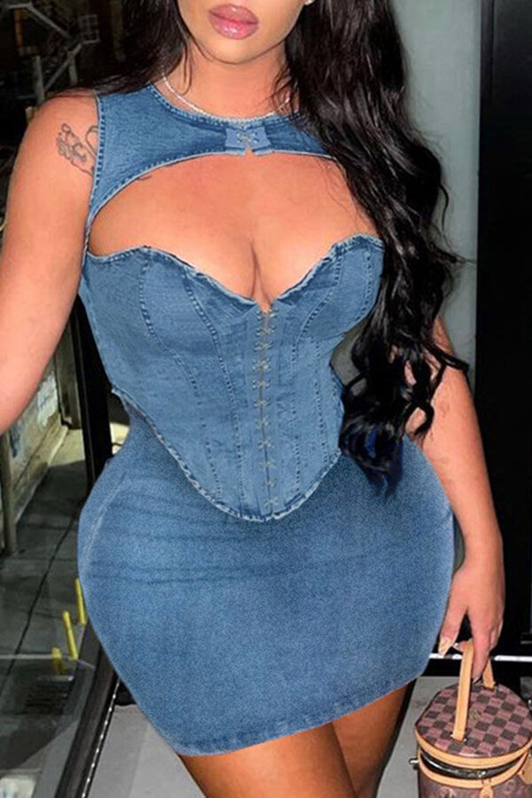 Solid Color Hot Cutout Bodycon Denim Mini Dress