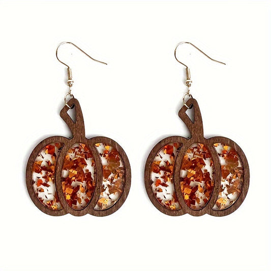 Vibrant Orange Wooden Pumpkin Dangle Earrings - Acrylic Glitter, Vintage Minimalist Design, Hollow-Out Autumn Jewelry Accessories for Women - Perfect for Thanksgiving and Halloween Celebrations