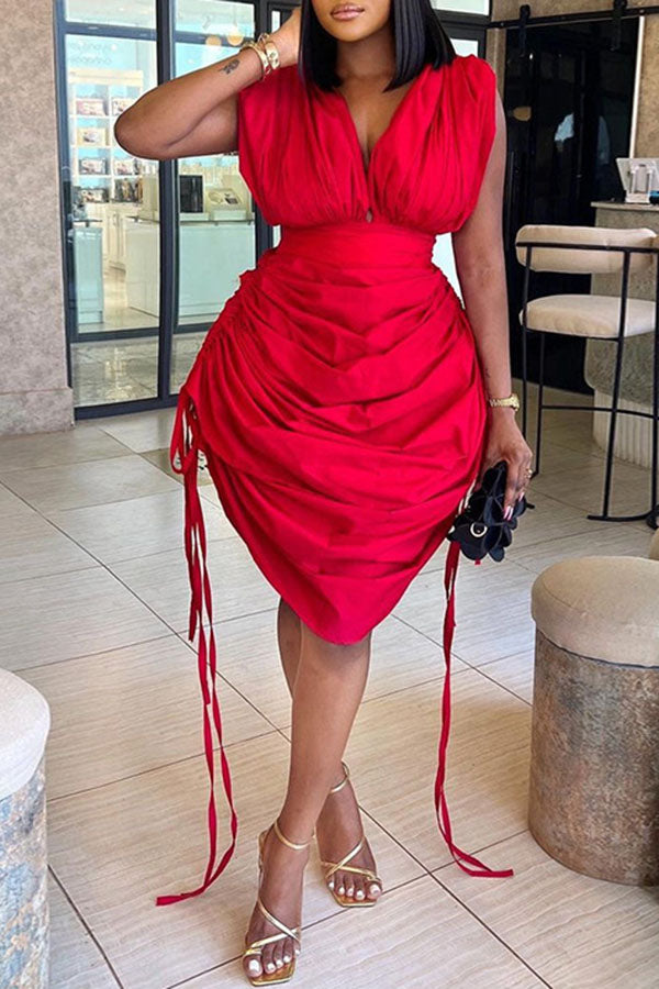 Solid Color Chic Drawstring Draped Irregular Mini Dress