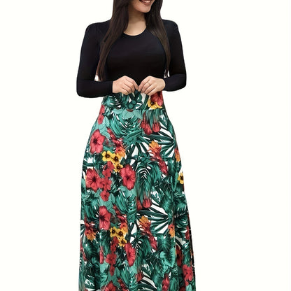 Elegant Floral Maxi Dress: Comfort-Fit, Crew Neck, Easy-Care, Perfect for Spring/Fall - Chic & Durable