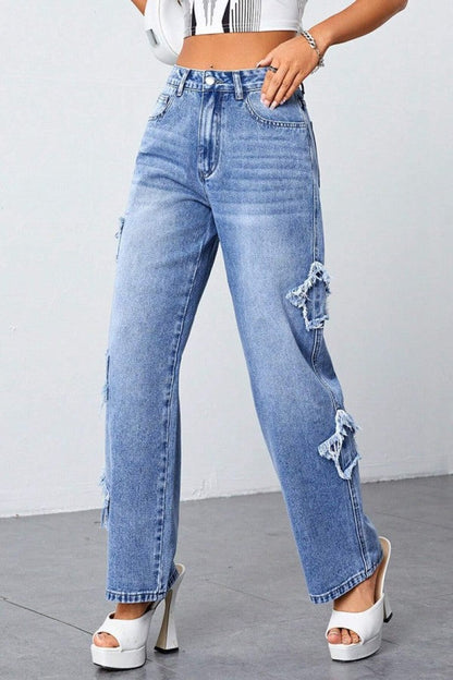 lovwvol  - Blue Casual Solid Patchwork High Waist Straight Denim Jeans