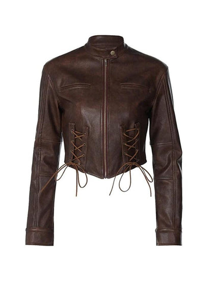 Street Tie Front Slim Motorcycle Leather Jacket