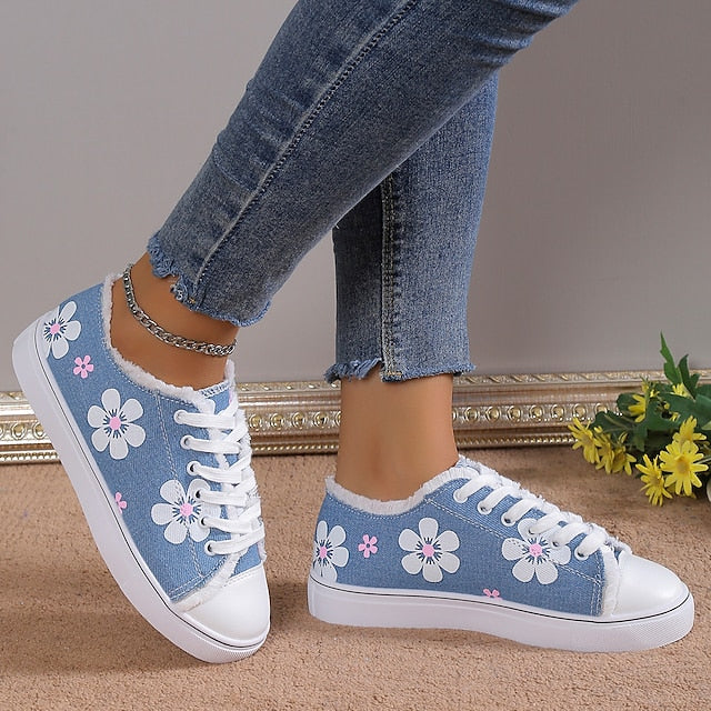 Women's Sneakers Plus Size Canvas Shoes Outdoor Daily Flat Heel Round Toe Sporty Casual Walking Shoes Canvas Lace-up Floral Dark Grey White Yellow