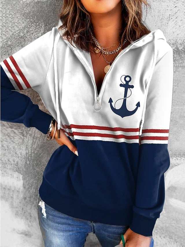 Women's Sweatshirt Pullover Fashion Quarter Zip Navy Blue Anchor Casual V Neck Long Sleeve Top Micro-elastic Fall & Winter