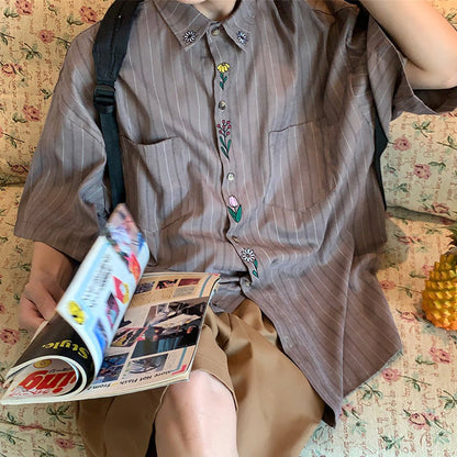 Cottage Floral Embroidery Striped Shirt