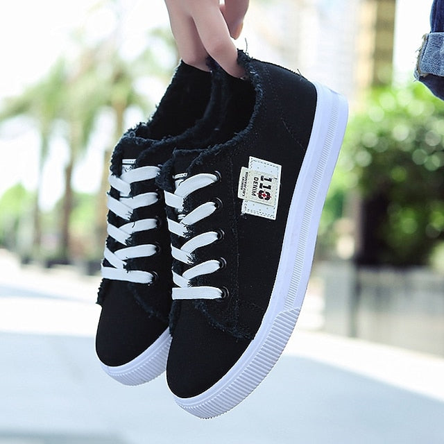 Women's Sneakers Canvas Shoes White Shoes Outdoor Office Work Summer Flat Heel Round Toe Classic Casual Preppy Walking Shoes Canvas Lace-up Solid Colored Black White Blue