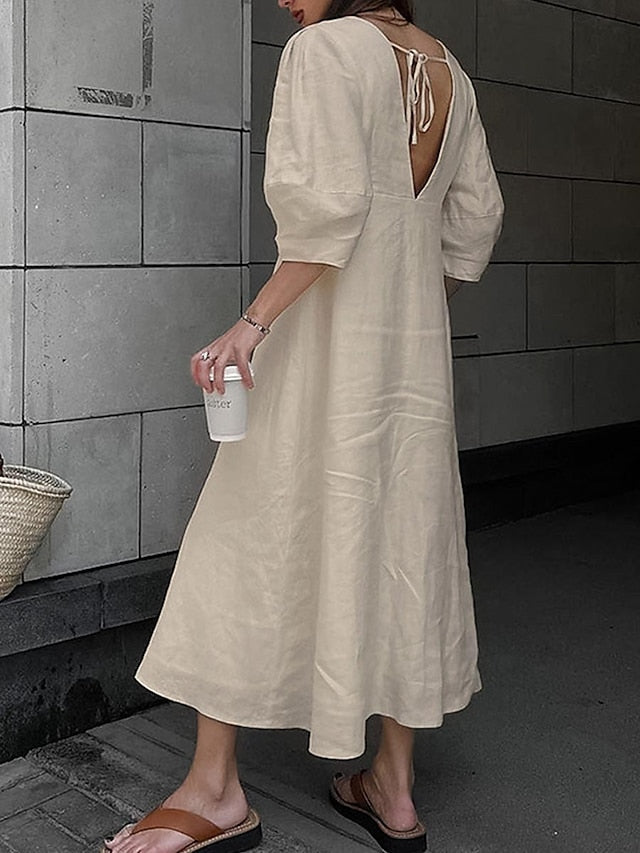 Women's Shirt Dress Casual Dress Cotton Dress Maxi long Dress Cotton Fashion Classic Outdoor Daily Vacation V Neck Backless Button 3/4 Length Sleeve Fall Winter Autumn  Regular Fit Apricot Plain