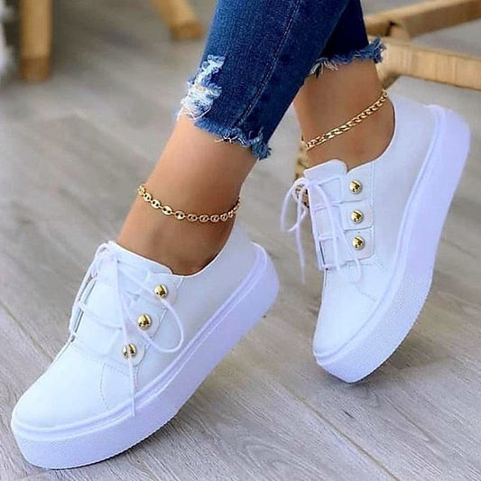 Women's Sneakers Plus Size Canvas Shoes White Shoes Outdoor Daily Walking Summer Rivet Flat Heel Round Toe Sporty Classic Casual Walking Shoes PU Leather Lace-up Solid Colored Black White Pink