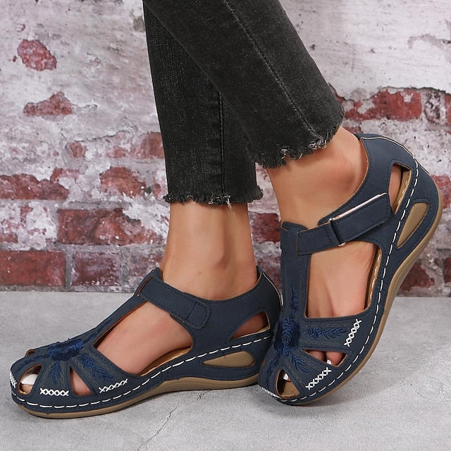 Women's Sandals Wedge Sandals Platform Sandals Outdoor Daily Beach Summer Embroidery Wedge Heel Round Toe Elegant Casual Minimalism Faux Leather Magic Tape Solid Color Black Blue Purple