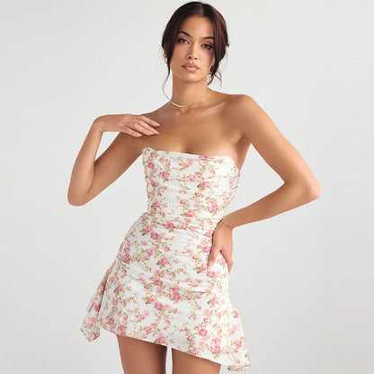 Glamorous Rose Printed Ruched Strapless Corset Mini Dress - Floral