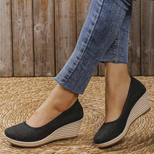 Women's Heels Wedge Heels Espadrilles Comfort Shoes Outdoor Daily Summer Wedge Heel Round Toe Elegant Casual Comfort Canvas Loafer Solid Color White flat Black flat Black