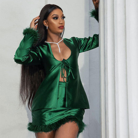 Glossy Tie Front Top Bodycon Mini Skirt Matching Set - Emerald Green