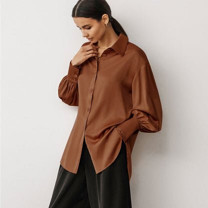 Button Up Drop Shoulder Bishop Sleeve Pointed Collar Shirt - Brown