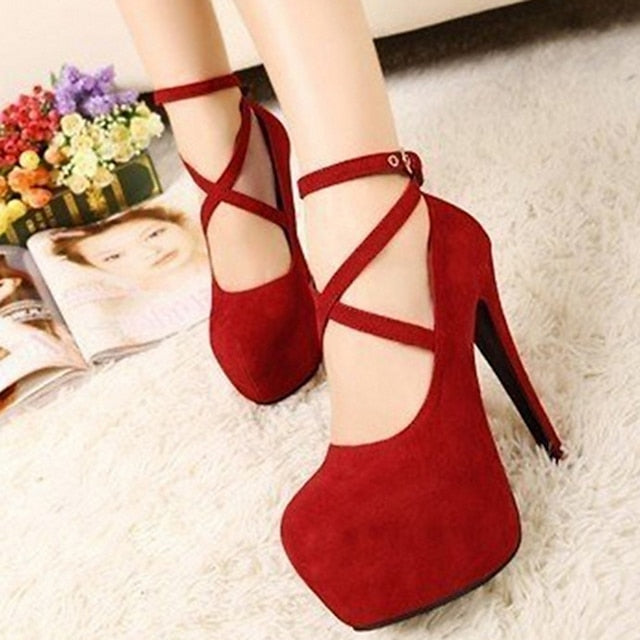 Women's Heels Stilettos High Heels Ankle Strap Heels Daily Platform Stiletto Heel Round Toe PU Buckle Solid Colored Black Red Blue