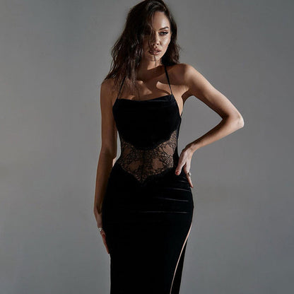 High Split Floral Velvet Lace Backless Slip Maxi Dress - Black