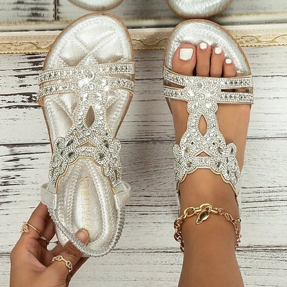 Women's Sandals Flat Sandals Outdoor Beach Summer Rhinestone Flat Heel Elegant Casual Minimalism Microfiber Elastic Band Silver Black White