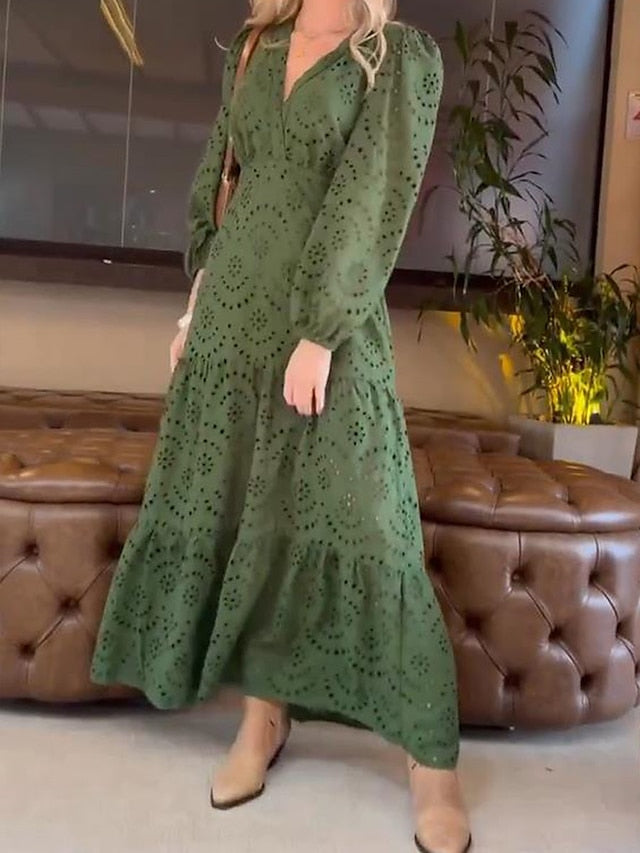 Women's Casual Dress Cotton Linen Dress Swing Dress Maxi long Dress Linen / Cotton Blend Fashion Modern Outdoor Daily Vacation V Neck Ruffle Eyelet Long Sleeve Spring Fall Autumn  Loose Fit Green