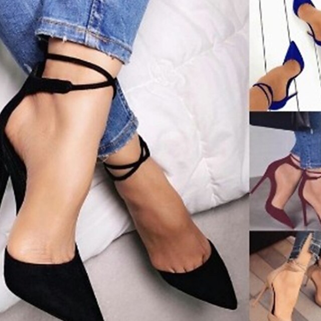 Women's Heels Sandals Lace Up Sandals Strappy Sandals Stilettos Ankle Strap Heels Party Daily Summer High Heel Pointed Toe Elegant Sexy Suede Lace-up Solid Color Black Burgundy Blue