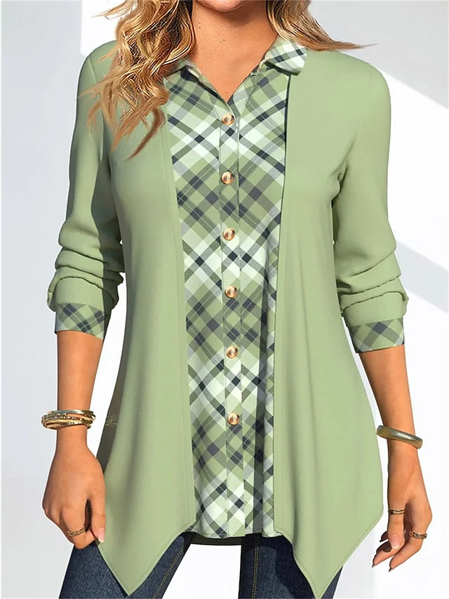 Women's Shirt Blouse Green Plaid Button Print Long Sleeve Casual Basic Shirt Collar Regular Fit Spring &  Fall