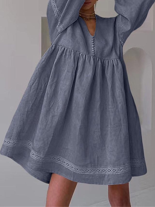 Women's Casual Dress Cotton Linen Dress Swing Dress Mini Dress Linen / Cotton Blend Fashion Modern Outdoor Daily Vacation V Neck Lace Ruched Long Sleeve Fall Winter Autumn  Loose Fit Blue Brown