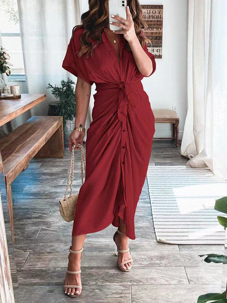 Satin Pleated Bandage Shirt Dress