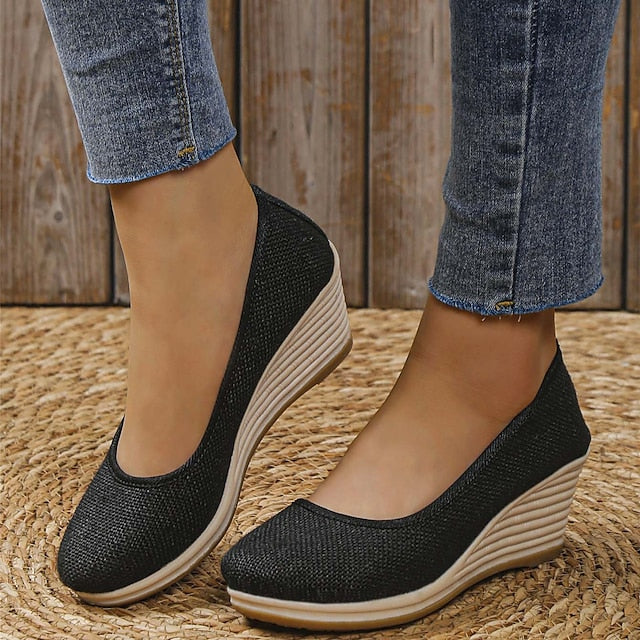 Women's Heels Wedge Heels Espadrilles Comfort Shoes Outdoor Daily Summer Wedge Heel Round Toe Elegant Casual Comfort Canvas Loafer Solid Color White flat Black flat Black