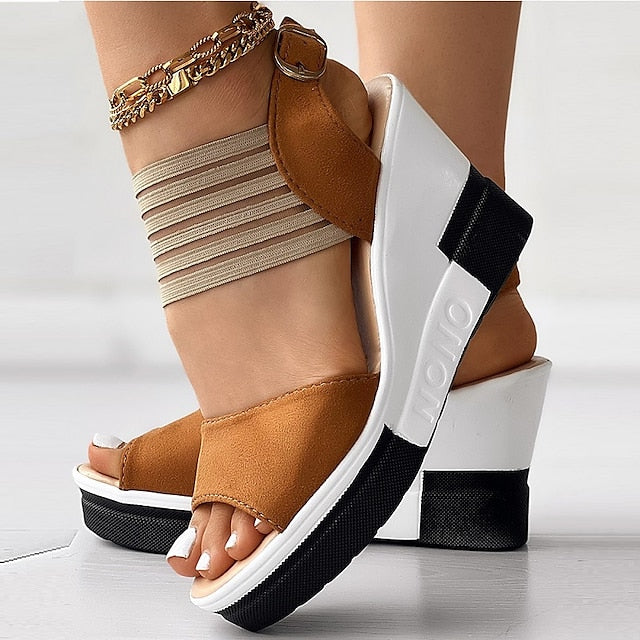 Women's Sandals Comfort Shoes Daily Wedge Heel Open Toe Fashion Casual Satin Ankle Strap Solid Color Black Brown khaki