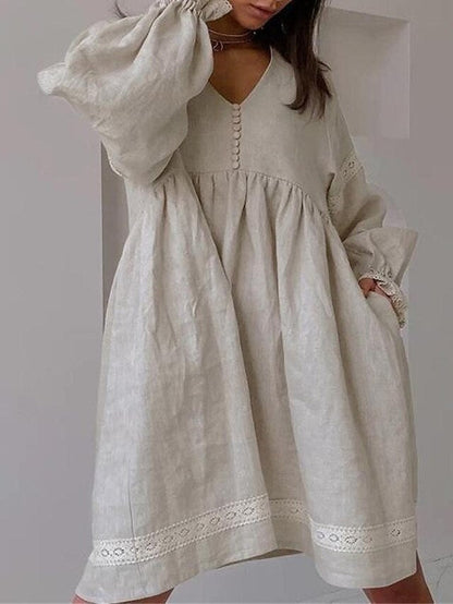 Women's Casual Dress Cotton Linen Dress Swing Dress Mini Dress Linen / Cotton Blend Fashion Modern Outdoor Daily Vacation V Neck Lace Ruched Long Sleeve Fall Winter Autumn  Loose Fit Blue Brown