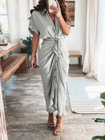 Satin Pleated Bandage Shirt Dress