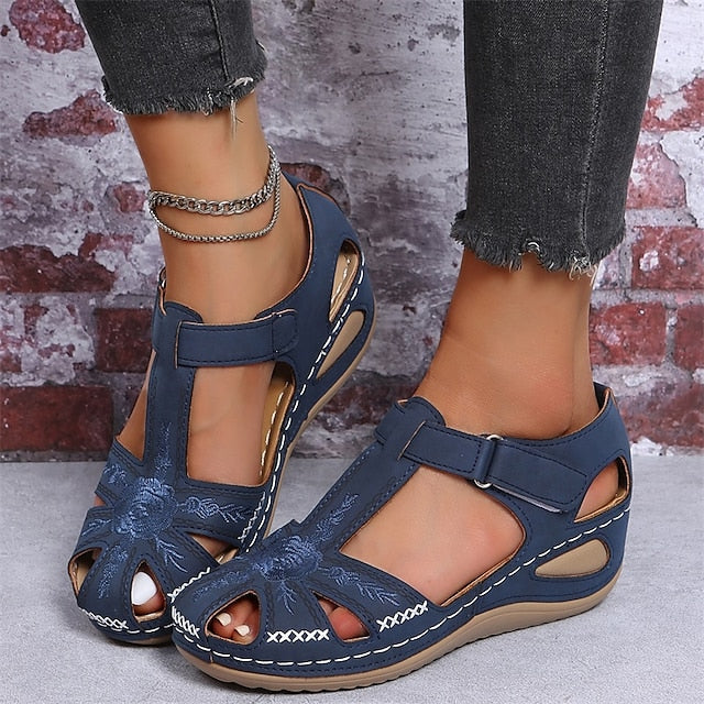 Women's Sandals Wedge Sandals Platform Sandals Outdoor Daily Beach Summer Embroidery Wedge Heel Round Toe Elegant Casual Minimalism Faux Leather Magic Tape Solid Color Black Blue Purple