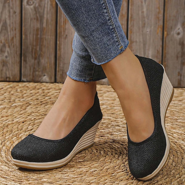 Women's Heels Wedge Heels Espadrilles Comfort Shoes Outdoor Daily Summer Wedge Heel Round Toe Elegant Casual Comfort Canvas Loafer Solid Color White flat Black flat Black