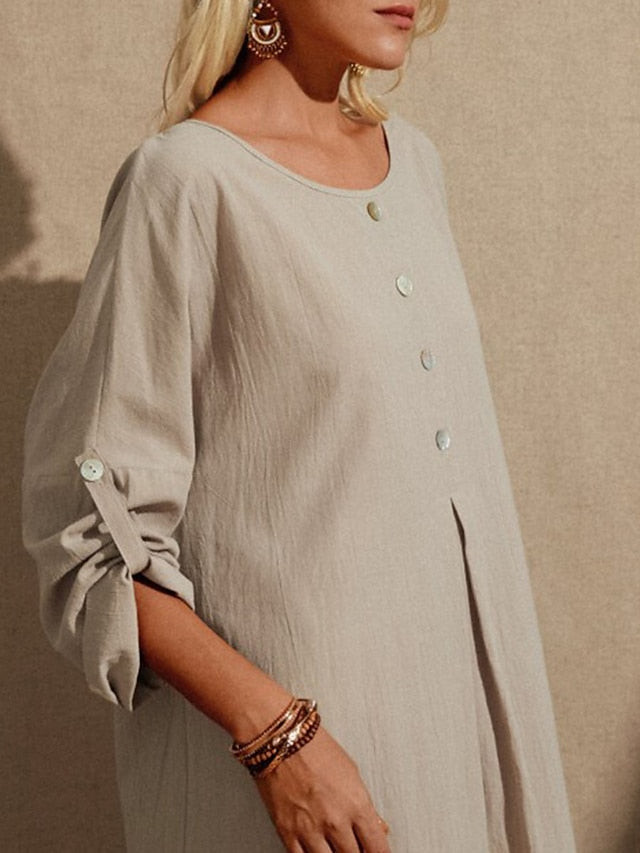 Women's Casual Dress Cotton Linen Dress Shift Dress Maxi long Dress Linen / Cotton Blend Daily Casual Daily Outdoor Daily Date Crew Neck Button Long Sleeve Spring Fall Winter  Loose Fit khaki