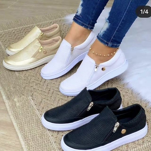 Women's Sneakers Plus Size Slip-on Sneakers White Shoes Outdoor Daily Flat Heel Round Toe Basic Casual Minimalism Walking Shoes Mesh Zipper Solid Color Black White Gold