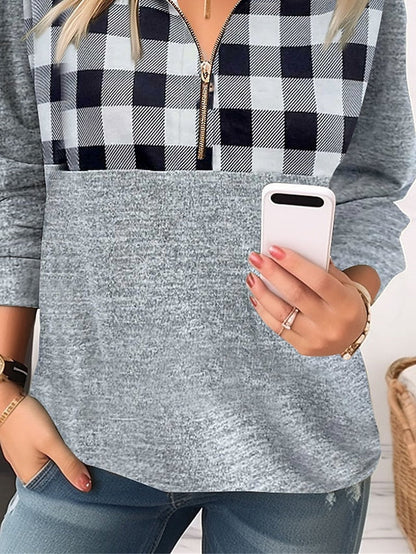 Women's Sweatshirt Pullover Streetwear Quarter Zip Gray Plaid Casual V Neck Long Sleeve Top Micro-elastic Fall & Winter