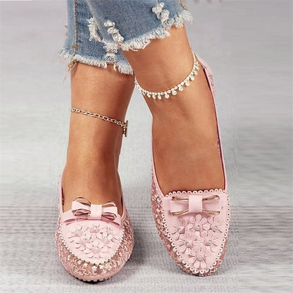 Women's Flats Flat Sandals Comfort Shoes Wedding Daily Summer Flat Heel Round Toe Elegant Casual Faux Leather Loafer Floral White Pink Blue