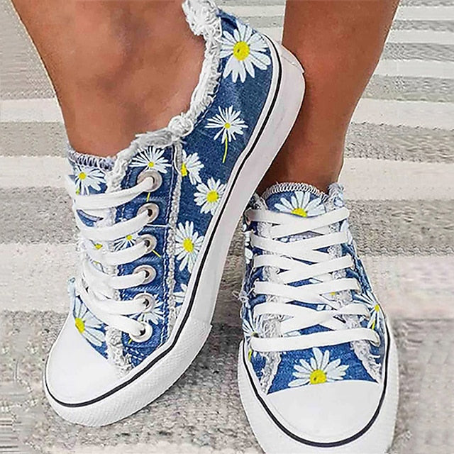 Women's Sneakers Plus Size Canvas Shoes Outdoor Daily Flat Heel Round Toe Sporty Casual Walking Shoes Canvas Lace-up Floral Dark Grey White Yellow