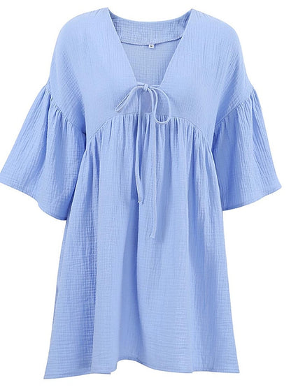 Women's Casual Dress Cotton Dress Swing Dress Mini Dress Cotton Fashion Modern Outdoor Daily Holiday V Neck Lace up Ruched 3/4 Length Sleeve Fall Winter Autumn  Loose Fit Light Green Blue Purple