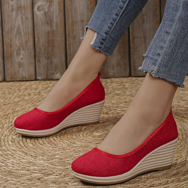 Women's Heels Wedge Heels Espadrilles Comfort Shoes Outdoor Daily Summer Wedge Heel Round Toe Elegant Casual Comfort Canvas Loafer Solid Color White flat Black flat Black