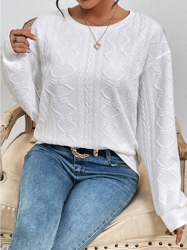 Women's Sweatshirt Pullover Basic White Solid Color Casual Round Neck Long Sleeve Textured Top Micro-elastic Fall & Winter