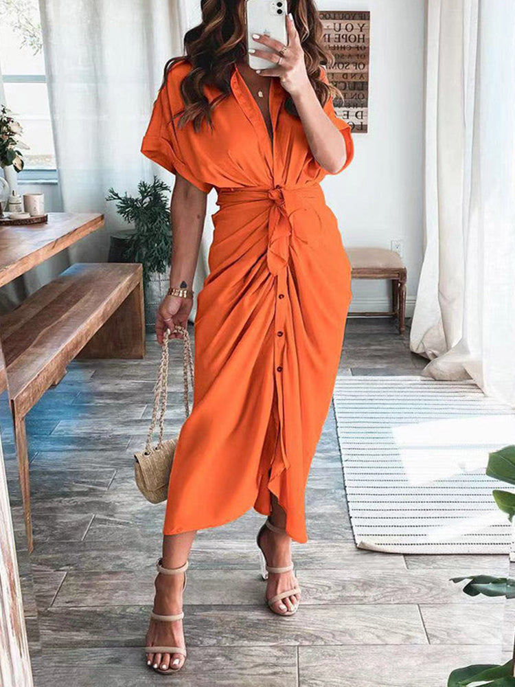 Satin Pleated Bandage Shirt Dress