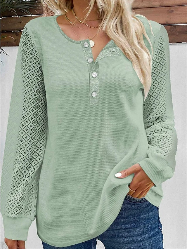 Women's Shirt Blouse Green Plain Lace Button Long Sleeve Casual Basic Round Neck Regular Fit Spring &  Fall