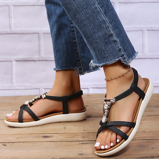 Women's Sandals Boho Bohemia Beach Braided Sandals Outdoor Daily Beach Shoes And Bags Matching Sets Summer Hollow Out Beading Flat Heel Open Toe Casual Minimalism Faux Leather Elastic Band Solid Color