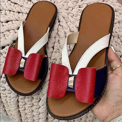 Women's Sandals Slippers Flat Sandals Outdoor Slippers Outdoor Daily Beach Summer Bowknot Flat Heel Open Toe Classic Casual Sweet Faux Leather Loafer Color Block Yellow Red Gold