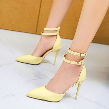 Women's Heels Ankle Strap Heels Party Outdoor Office Summer Buckle High Heel Pointed Toe Elegant Sexy Walking Shoes PU Leather Buckle Solid Colored Light Yellow Black White