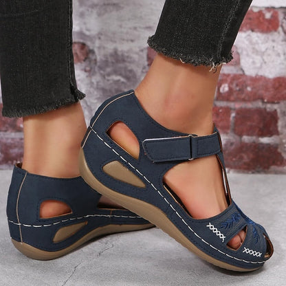 Women's Sandals Wedge Sandals Platform Sandals Outdoor Daily Beach Summer Embroidery Wedge Heel Round Toe Elegant Casual Minimalism Faux Leather Magic Tape Solid Color Black Blue Purple