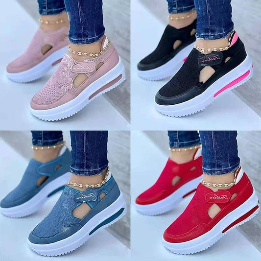 Women's Slip-Ons Pink Shoes Plus Size Platform Sneakers Outdoor Daily Summer Platform Round Toe Sporty Casual Walking Shoes Polyester Synthetics Magic Tape Solid Color Black Pink Red