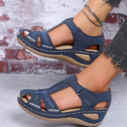 Women's Sandals Wedge Sandals Platform Sandals Outdoor Daily Beach Summer Embroidery Wedge Heel Round Toe Elegant Casual Minimalism Faux Leather Magic Tape Solid Color Black Blue Purple