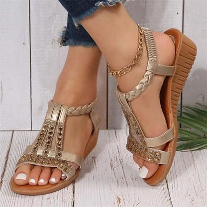 Women's Sandals Boho Bohemia Beach Wedge Sandals Party Daily Beach Summer Sparkling Glitter Wedge Heel Elegant Casual Sweet PU Leather Polyester Elastic Band Color Block Silver Dark Brown Black